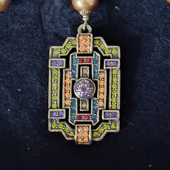 HEIDI DAUS GOLD PEARL ART DECO PENDANT NECKLACE & EARRINGS WITH CRYSTALS NIB - Picture 5 of 8